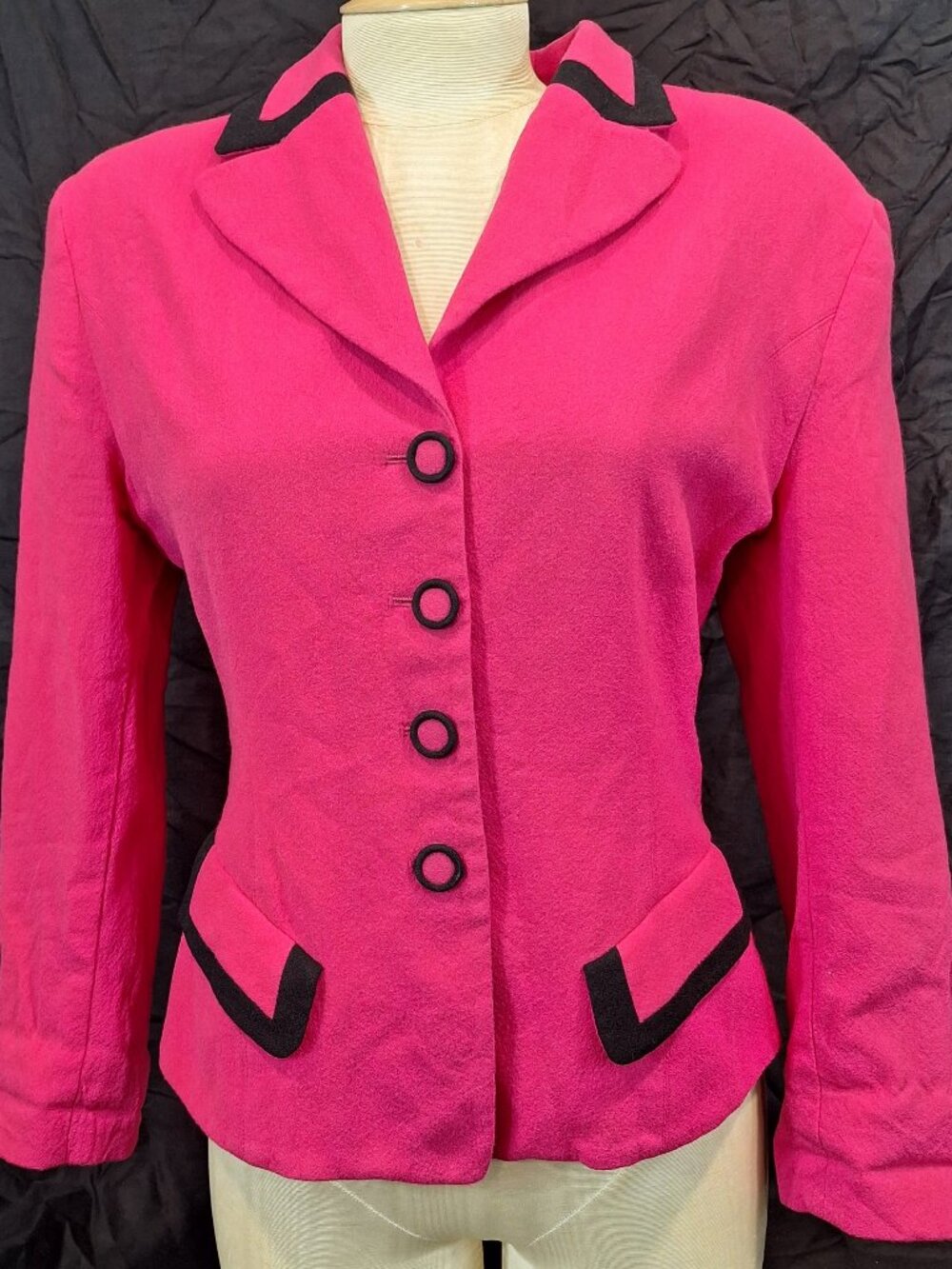 BeBe 80s Women's Hot Pink Wool Fashion 3/4 Sleeve Blazer Jacket Vintage SZ 10